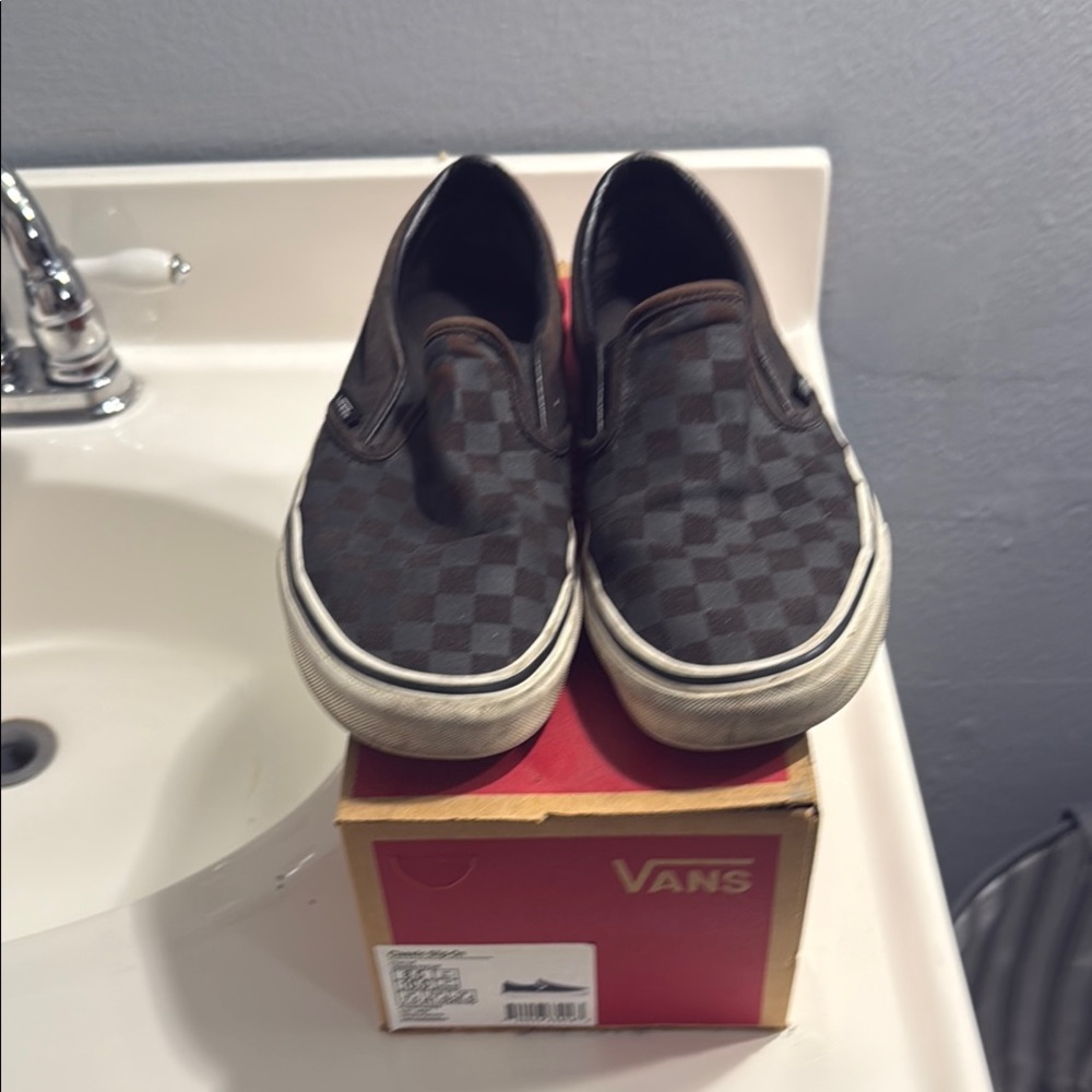 Vans Black and Brown Checkered Slip-Ons